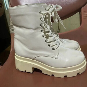 Sureve Y2K Chunky COMBAT BOOTS Off White FAUX LEATHER Lace Up Women’s L/7